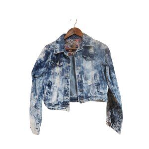 Vanilla Star Acid Wash Denim Cropped Jacket With Paisley Print Lining Womens M